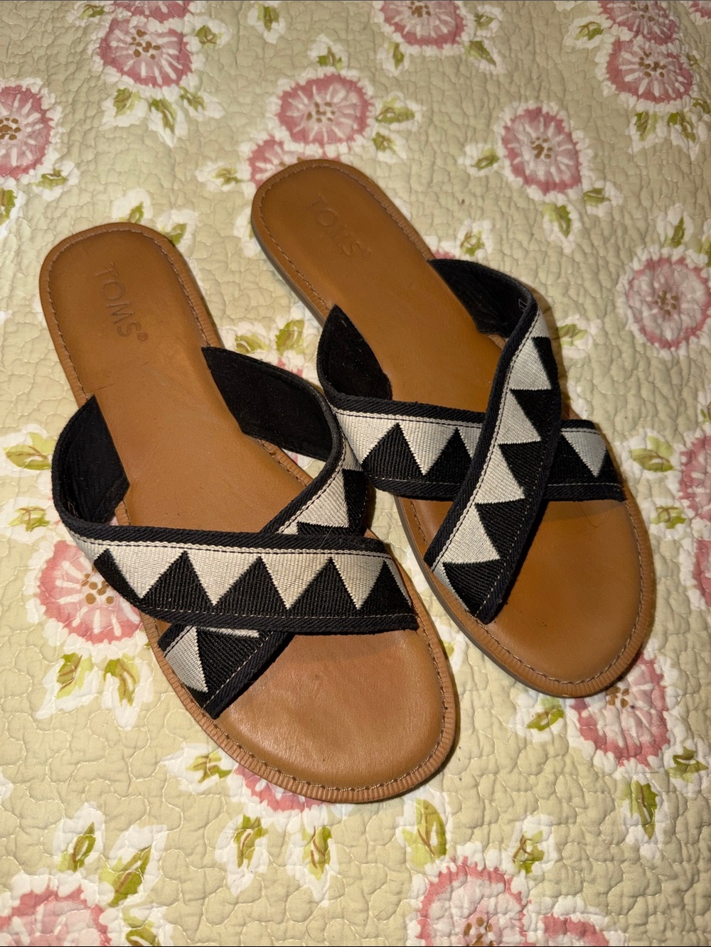 TOMS Black & White Geometric Cross-Strap Slide Sandals